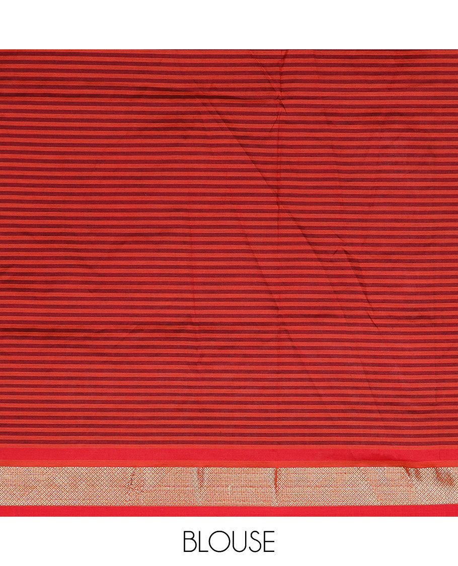 Multi-color micro-checked design poly cotton saree, traditional zari border & striped pallu