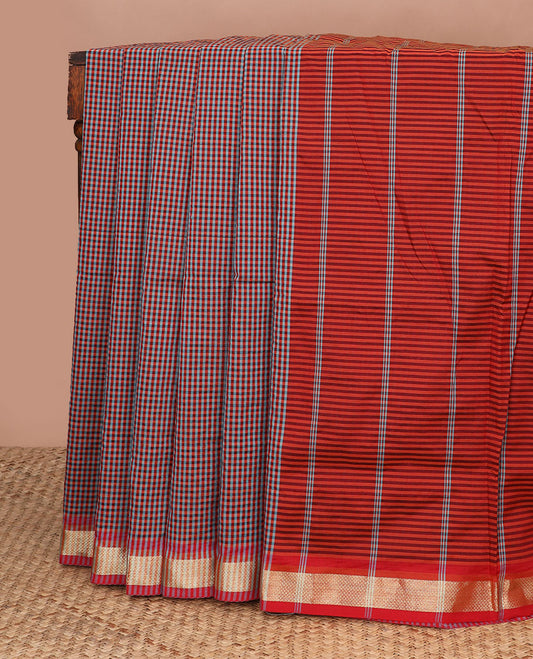 Multi-color micro-checked design poly cotton saree, traditional zari border & striped pallu