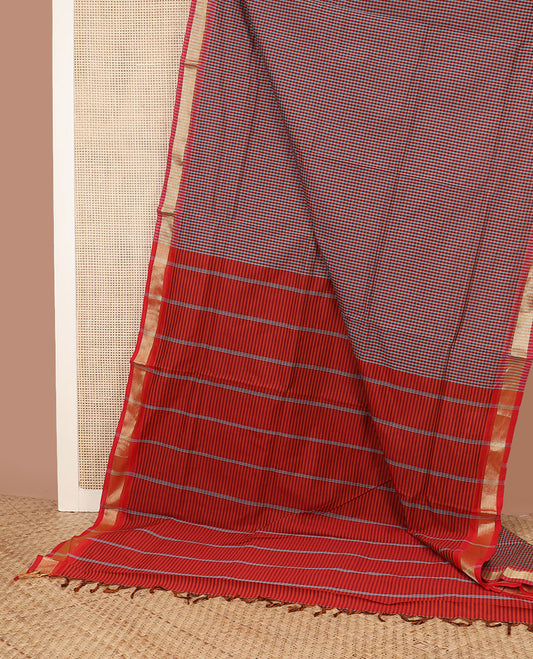 Multi-color micro-checked design poly cotton saree, traditional zari border & striped pallu