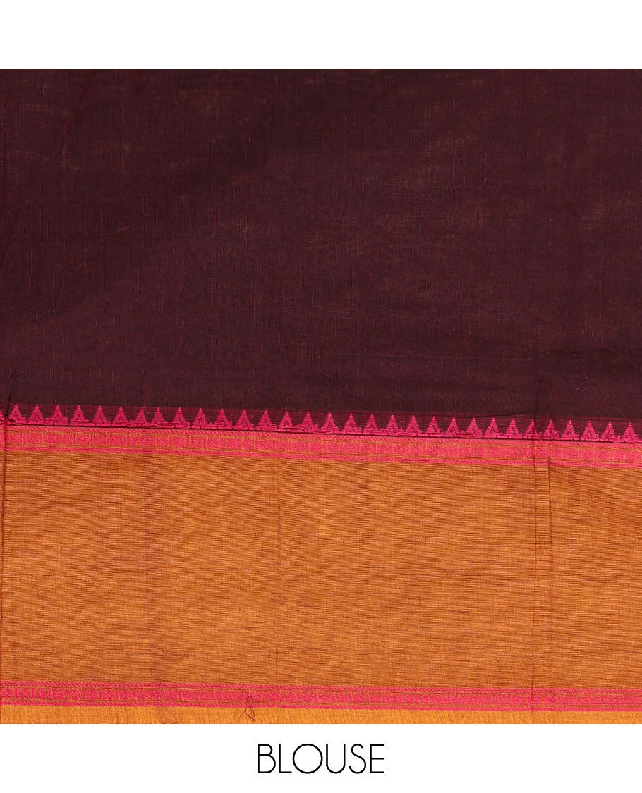 Brown chettinad cotton saree with contrast temple border & striped pallu