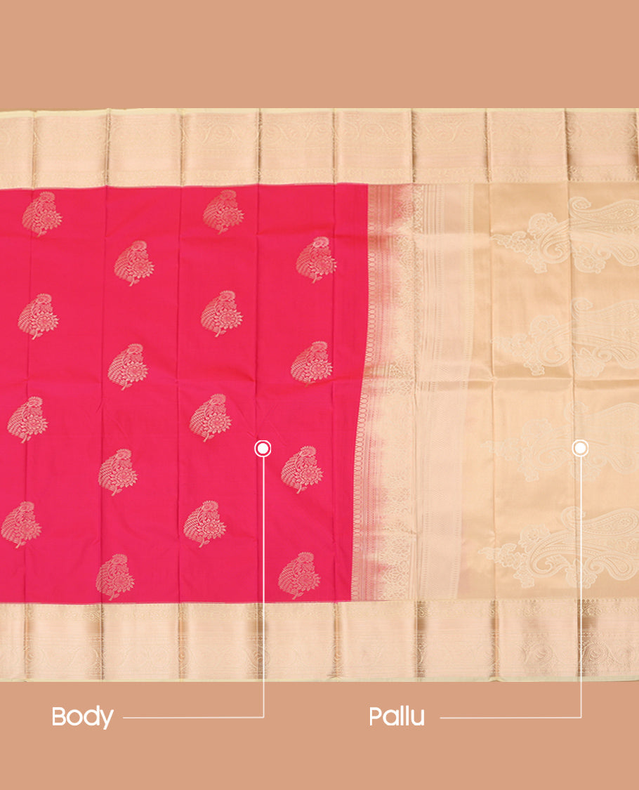Pink Budget Silk Saree, Featuring Jacquard Design, Complemented by Contrast Traditional Zari Border, a Grand Pallu and a Contrast Blouse