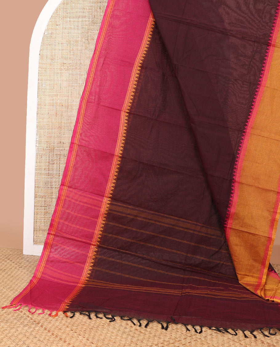 Brown chettinad cotton saree with contrast temple border & striped pallu