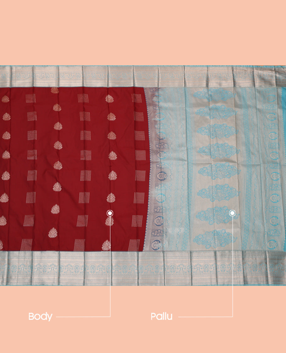 Maroon Budget Silk Saree, Detailed with Zari Buttas, Complemented by a Contrast Traditional Zari Border, Grand Pallu, and a Contrast Blouse