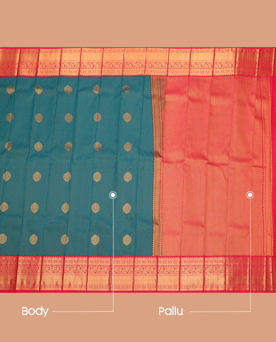 Green Budget Silk Saree, Detailed with Zari Buttas and Stripes, Complemented by a Contrast Traditional Zari Border, Grand Pallu, and a Contrast Blouse