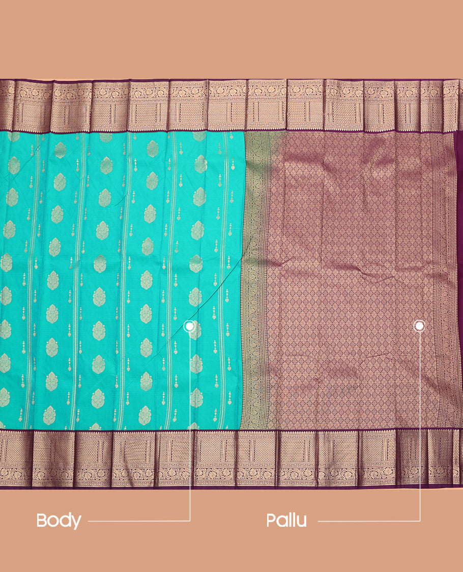 Turquoise Budget Silk Saree, Elevated with Zari Buttas, Complemented by a Contrast Traditional Zari Border, Grand Pallu, and Contrast Blouse
