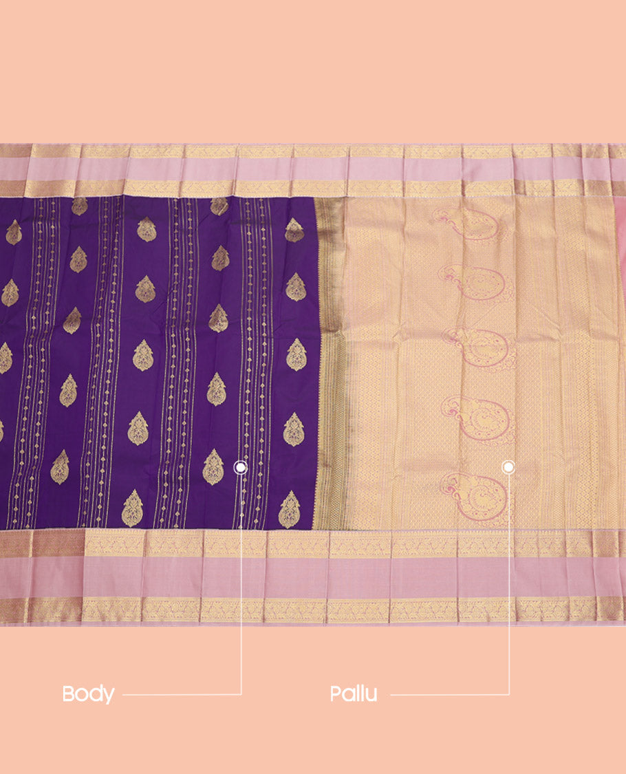 Violet Budget Silk Saree, Graced with Zari Buttas and Stripes, Complemented by a Contrast Traditional Zari Rettai Pettu Border, Grand Pallu, and a Contrast Blouse