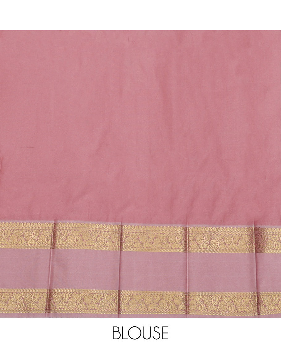 Violet Budget Silk Saree, Graced with Zari Buttas and Stripes, Complemented by a Contrast Traditional Zari Rettai Pettu Border, Grand Pallu, and a Contrast Blouse