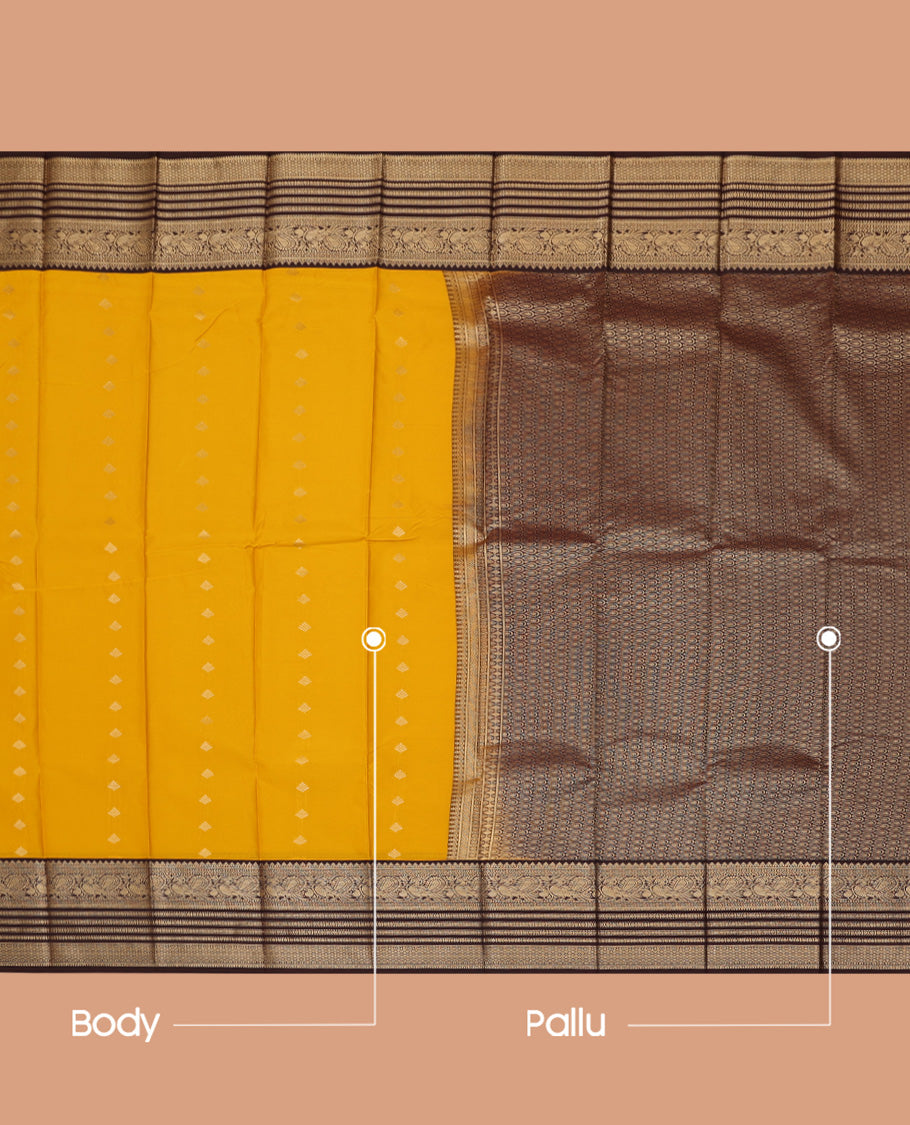 Yellow Budget Silk Saree, Enriched with Zari Buttas, a Contrast Traditional Zari Border, Grand Pallu, and a Contrast Blouse