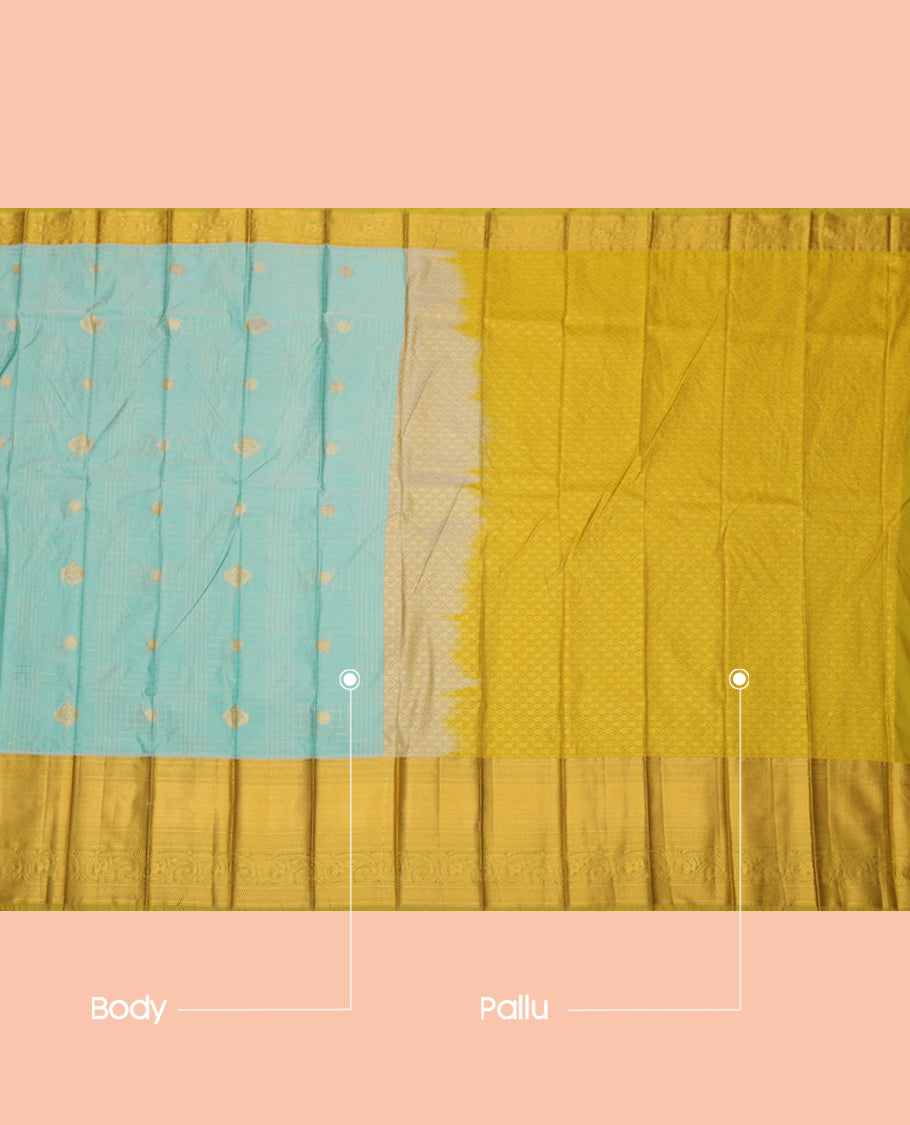 Pale Green Budget Silk Saree, Enthralled with Zari Buttas, a Contrast Traditional Zari Border, Grand Jaal Pallu, and a Contrast Blouse