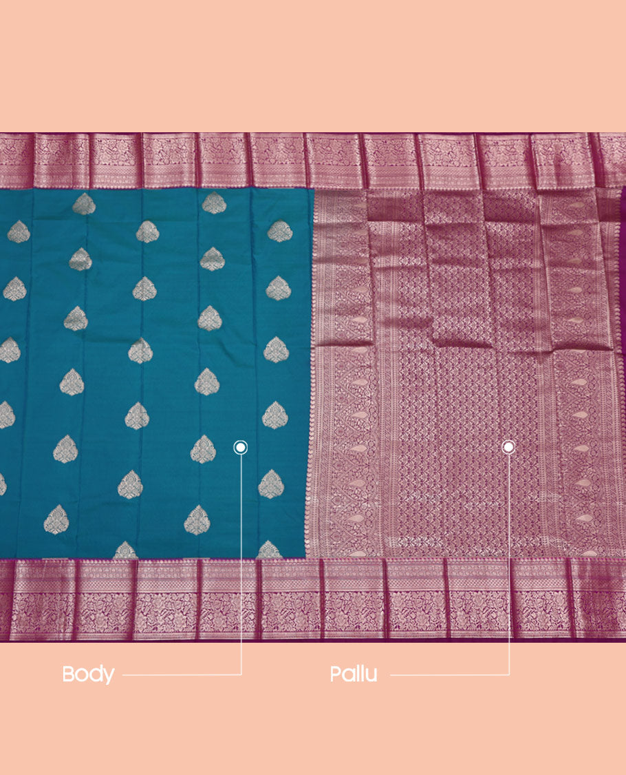 Peacock Blue Budget Silk Saree, Enriched with Zari Buttas on Its Body, Complemented by a Contrast Traditional Zari Design Border, Intricately Designed Pallu, and Paired with a Contrast Blouse