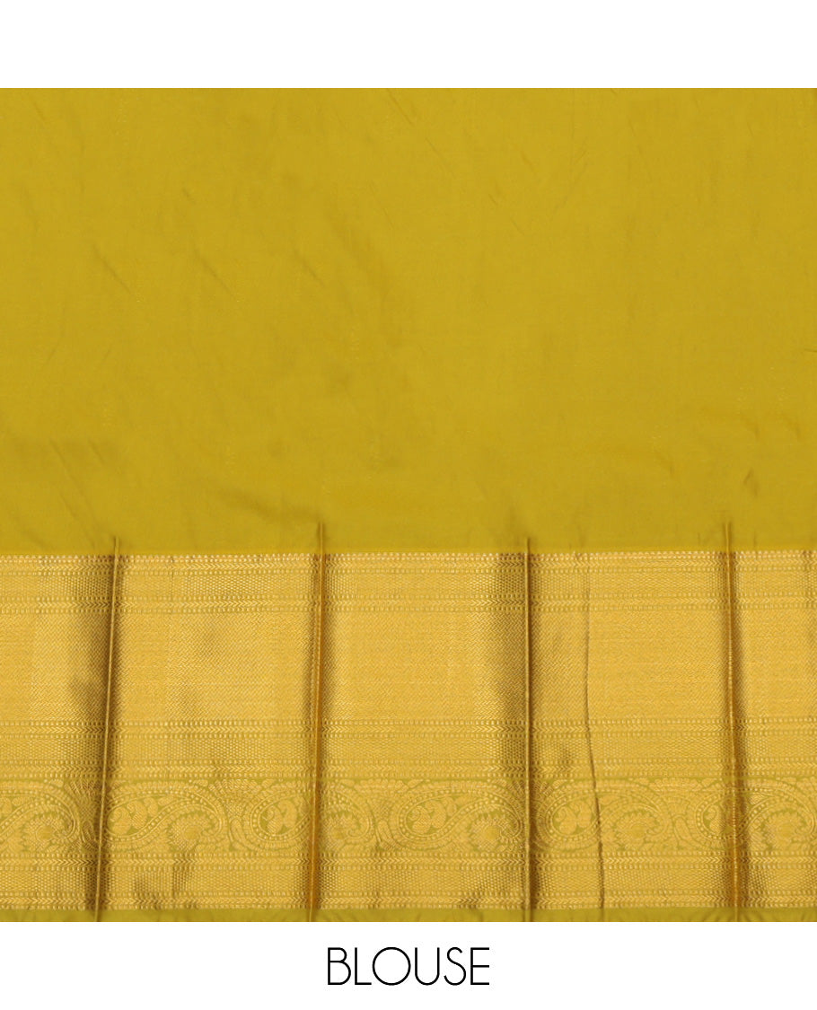 Pale Green Budget Silk Saree, Enthralled with Zari Buttas, a Contrast Traditional Zari Border, Grand Jaal Pallu, and a Contrast Blouse