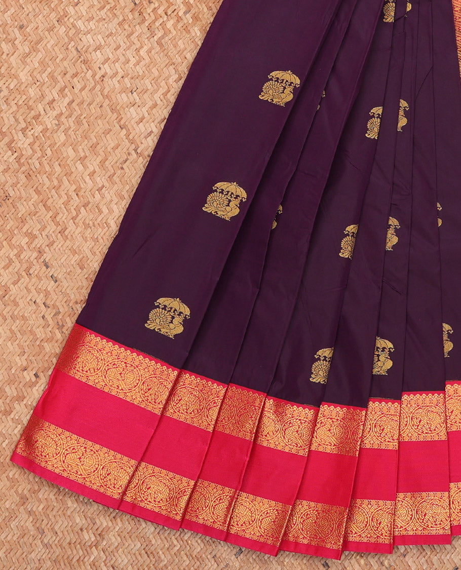 Purple Budget Silk Saree, Delicately Woven with Zari Buttas, Complemented by a Contrast Traditional Zari Rettai Pettu Border, Grand Pallu, and Contrast Blouse