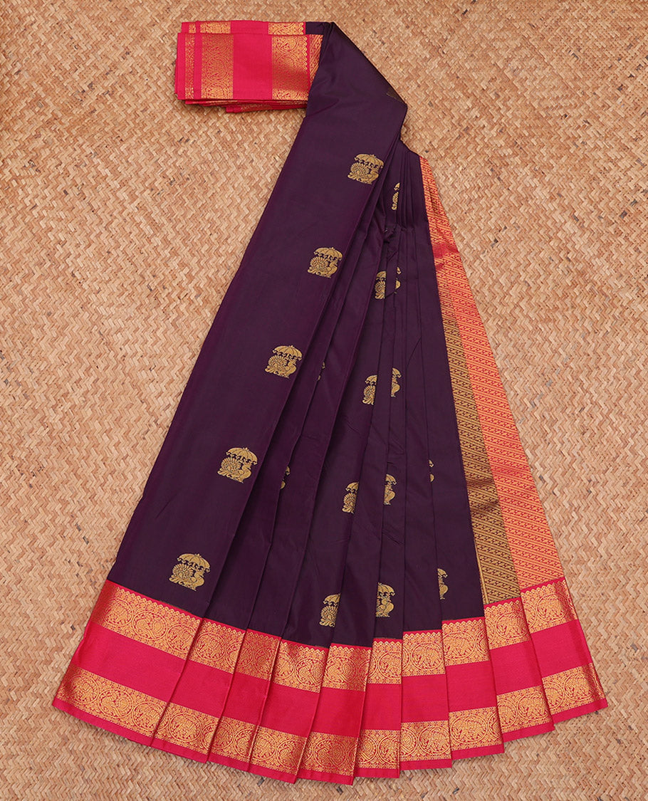 Purple Budget Silk Saree, Delicately Woven with Zari Buttas, Complemented by a Contrast Traditional Zari Rettai Pettu Border, Grand Pallu, and Contrast Blouse