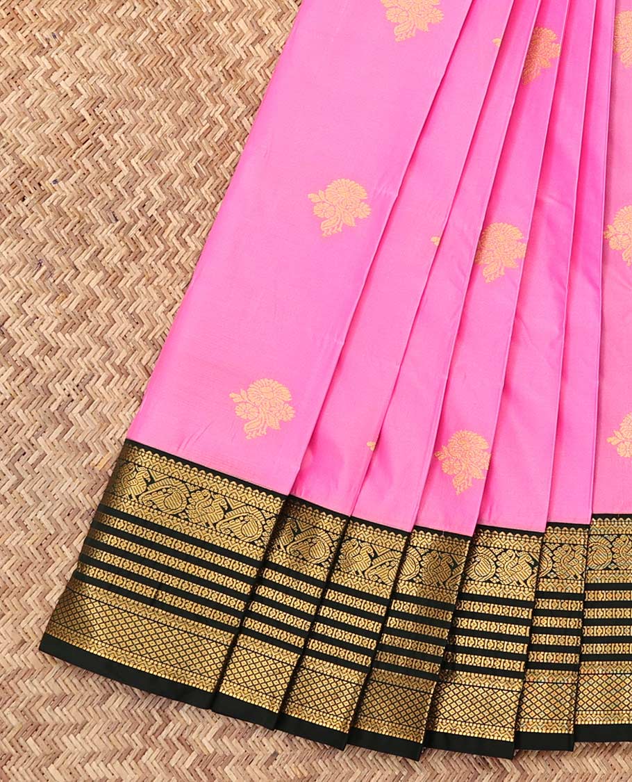 Pink Budget Silk Saree, Woven with Zari Buttas, a Contrast Traditional Zari Border, Grand Pallu, and a Contrast Blouse