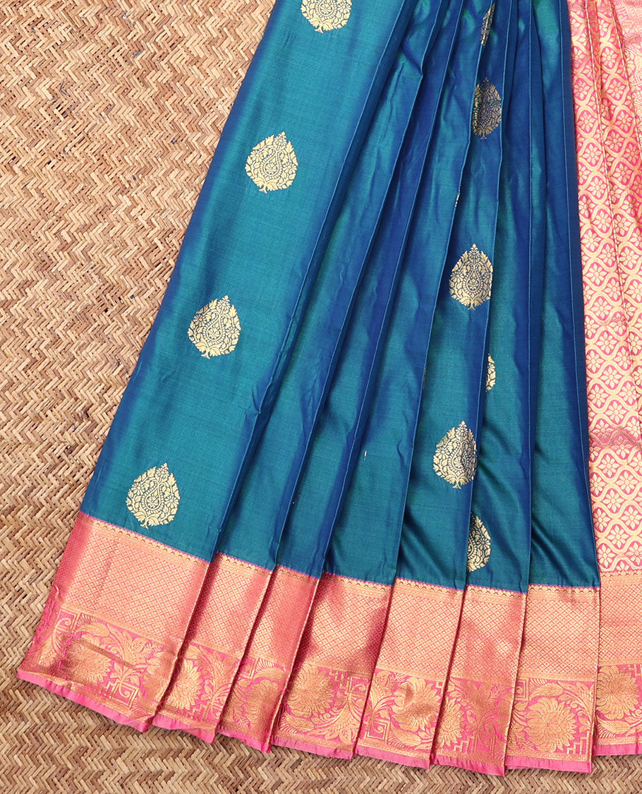 Blue Budget Silk Saree, Adorned with Zari Buttas, Complemented by Contrast Traditional Zari Border, a Grand Jaal Pallu and a Contrast Blouse