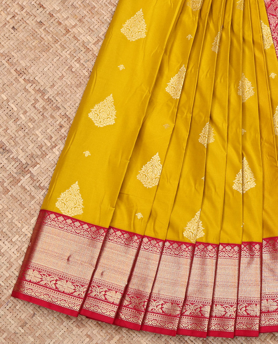 Yellow Budget Silk Saree, Decked Up with Zari Buttas on Its Body, Complemented by a Contrast Traditional Zari Design Border, Grand Pallu, and Paired with a Contrast Blouse