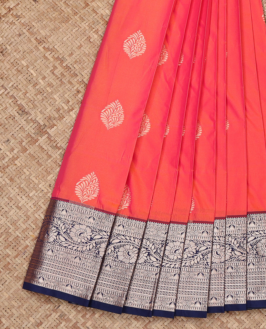 Orange Budget Silk Saree, Detailed with Zari Buttas All Over Its Body, Complemented by a Contrast Traditional Zari Design Border, Intricate Pallu, and Paired with a Contrast Blouse