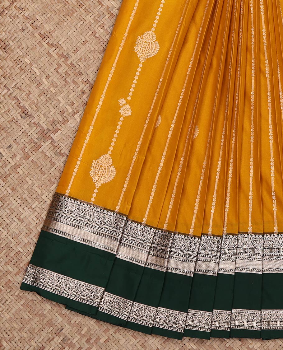 Yellow Budget Silk Saree, Enlivened with Zari Stripes on Its Body, Complemented by a Contrast Traditional Zari Design Rettai Pettu Border, Intricately Designed Pallu, and Paired with a Contrast Blouse