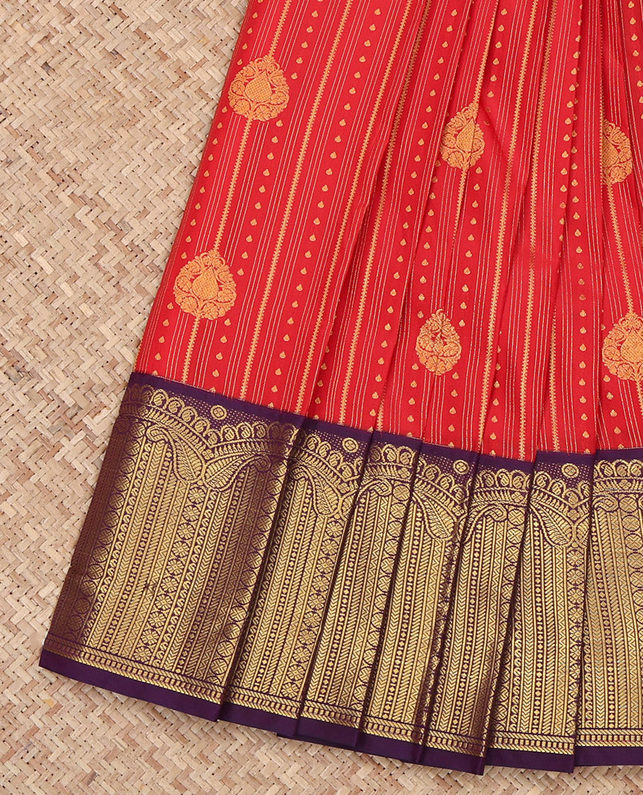 Red Budget Silk Saree, Showcasing Zari Designs All Over Its Body, Complemented by Contrast Geometric-Patterned Zari Border, Grand Jaal-Patterned Pallu, and Paired with a Contrast Blouse