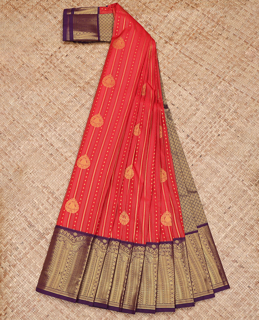 Red Budget Silk Saree, Showcasing Zari Designs All Over Its Body, Complemented by Contrast Geometric-Patterned Zari Border, Grand Jaal-Patterned Pallu, and Paired with a Contrast Blouse