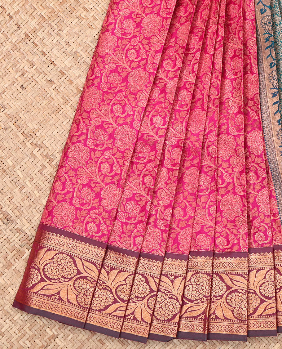Pink Budget Silk Saree, Spotlighted with Floral Jacquard Design, Complemented by a Contrast Floral Creeper Zari Border, Grand Pallu, and Contrast Blouse