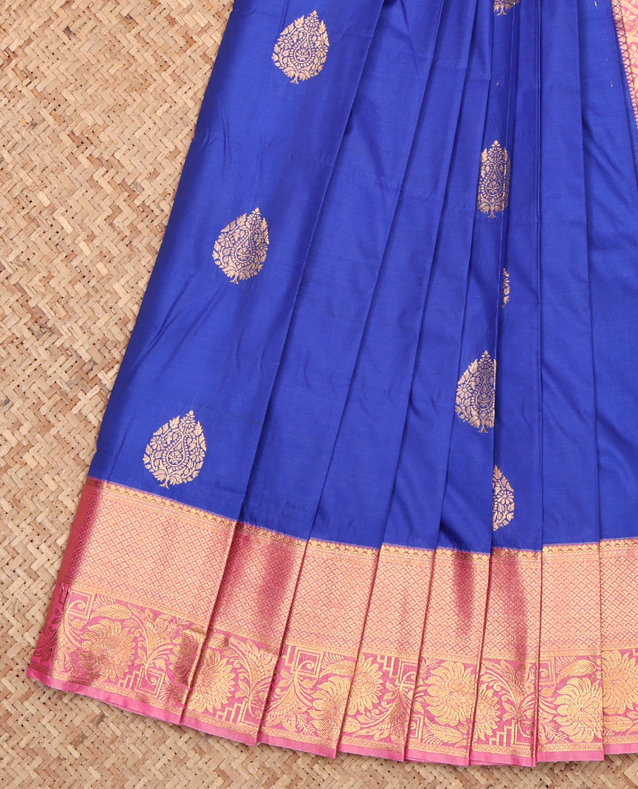 Royal Blue Budget Silk Saree, Mesmerized with Zari Buttas, Complemented by a Contrast Traditional Border, Jaal Pallu, and a Contrast Blouse