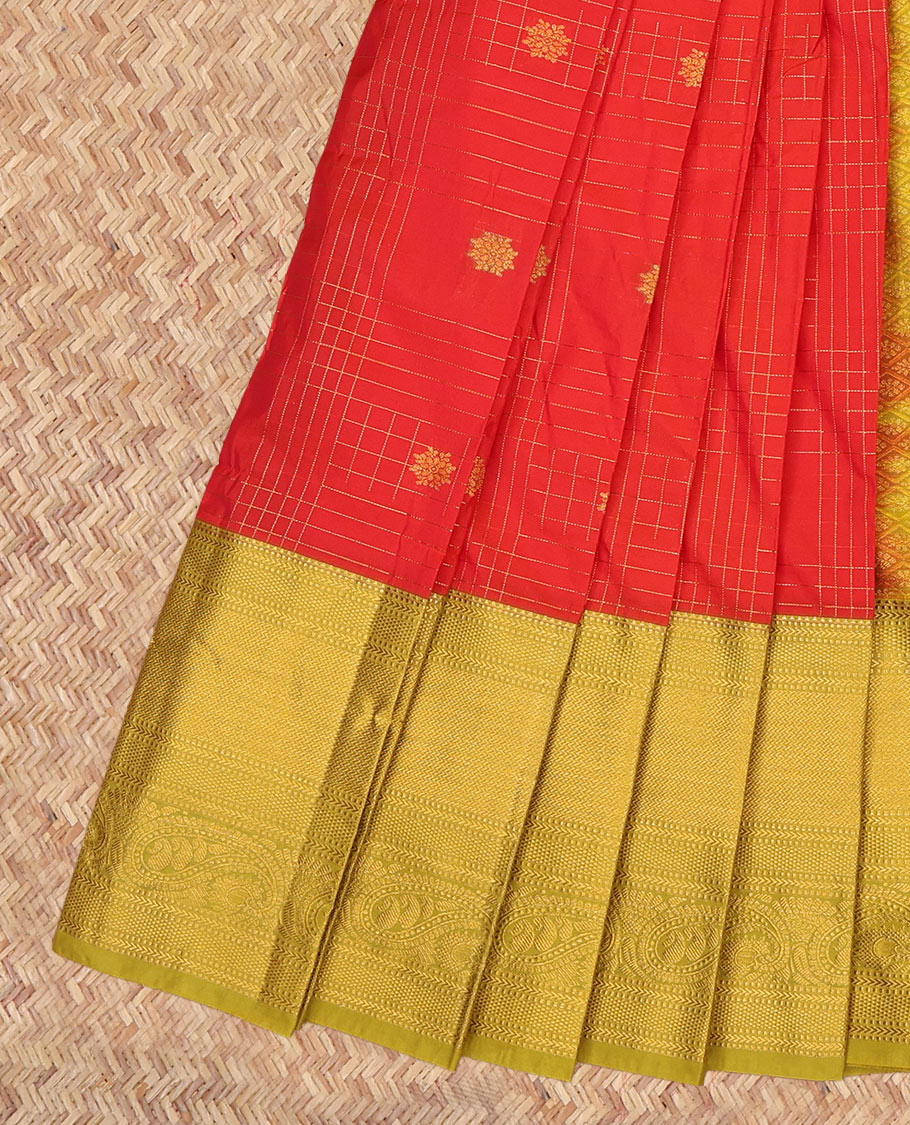 Red Budget Silk Saree, Enriched with Zari Buttas and Checks, a Contrast Traditional Zari Border, Grand Jaal Pallu, and a Contrast Blouse