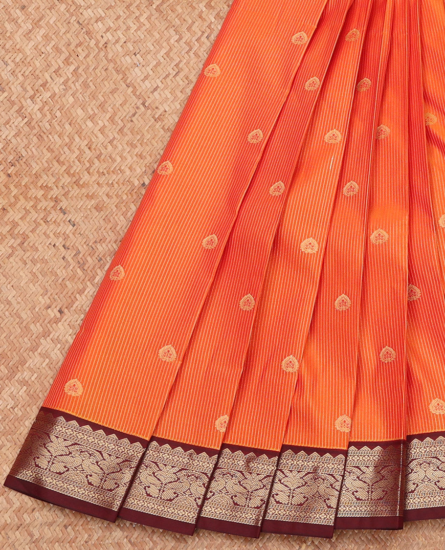Orange Budget Silk Saree, Sparsely Sparkled with Zari Buttas and Stripes, Complemented by a Contrast Traditional Zari Border, Grand Pallu, and a Contrast Blouse