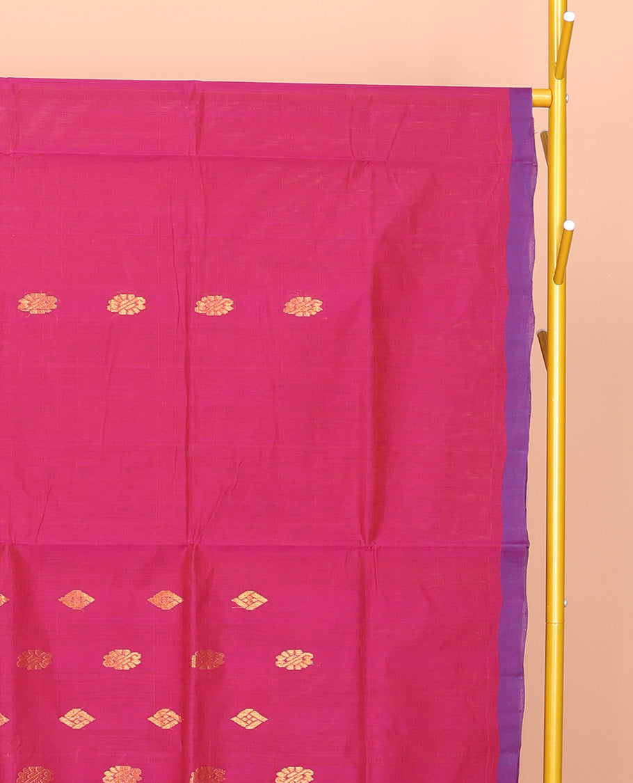 Pink Venkatagiri Cotton Saree Features Buttas, a Contrast Zari-Thread Border, Pallu of Stripes, and No Blouse