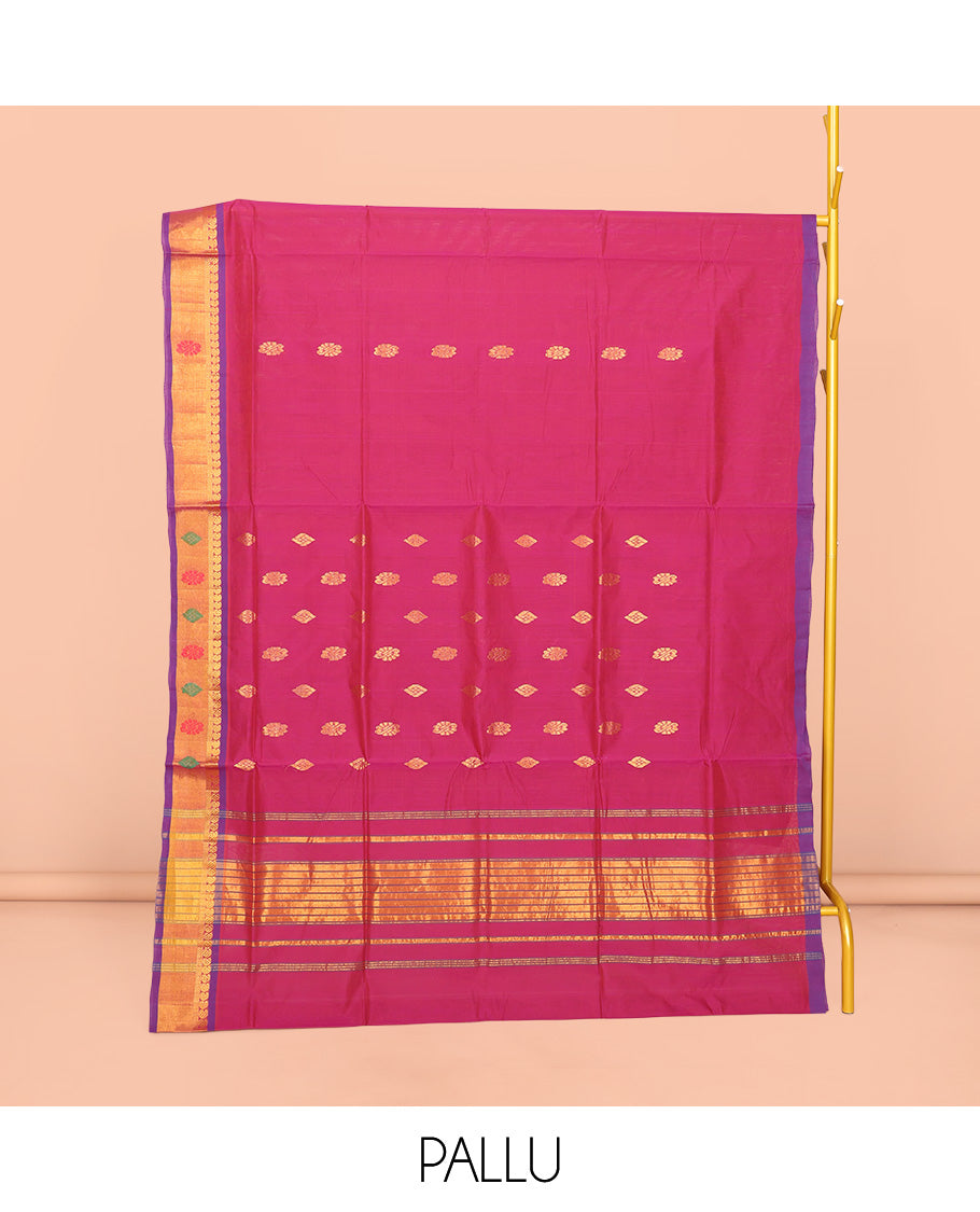 Pink Venkatagiri Cotton Saree Features Buttas, a Contrast Zari-Thread Border, Pallu of Stripes, and No Blouse
