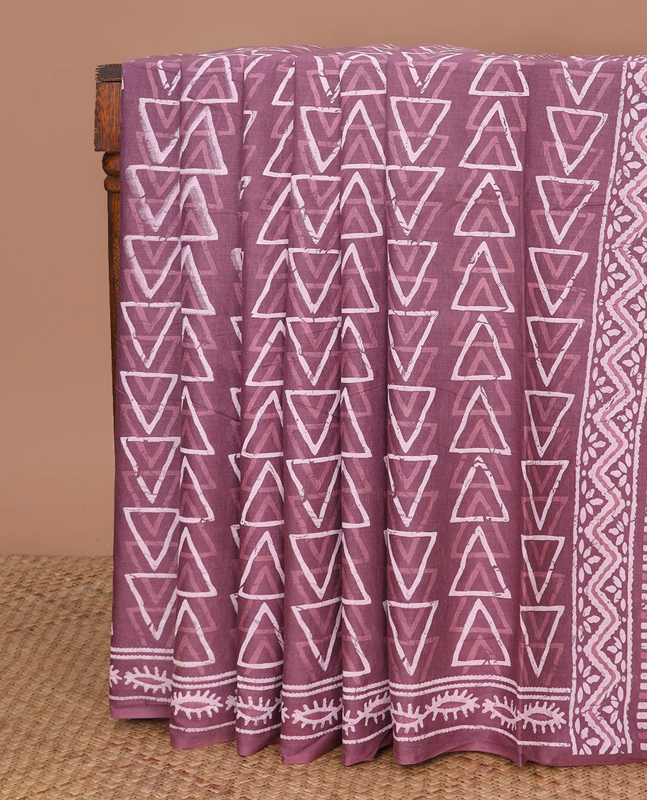 Rosewood batik-style triangle motifs mul mul cotton saree, batik-style printed border & floral-geometric printed pallu
