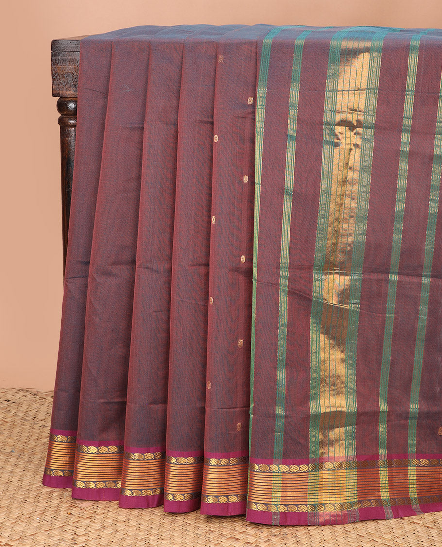Maroon zari buttas Venkatagiri cotton saree, contrast traditional zari border, and striped pallu