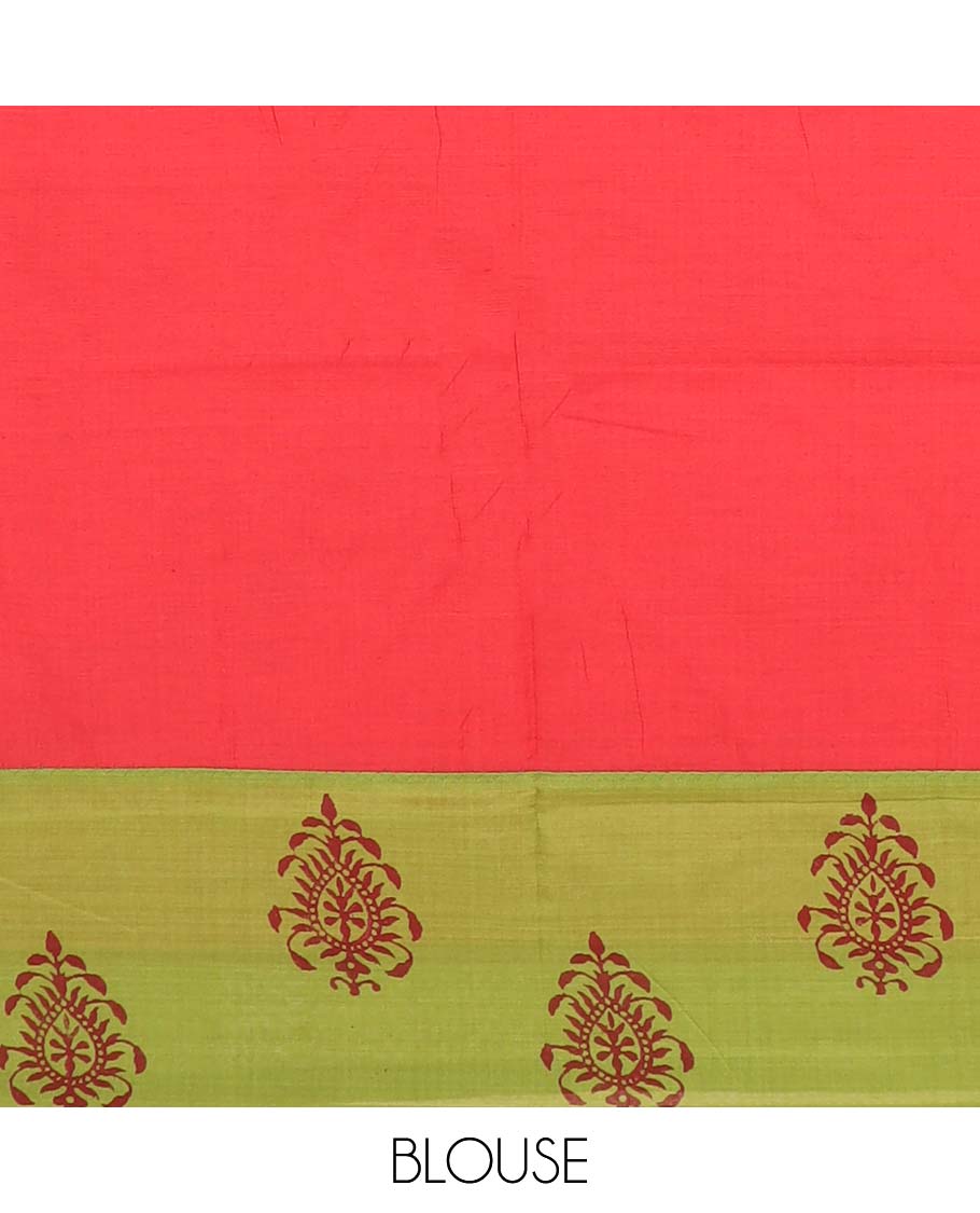 Parrot green unique motifs printed poly cotton saree, contrast floral motifs border, and paisley motif pallu