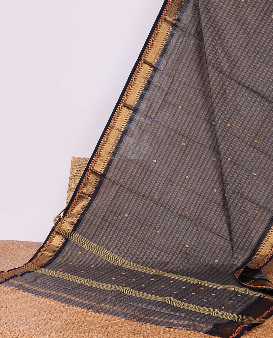 Grey striped & buttas Chettinad cotton saree, contrast traditional zari design border & striped pallu