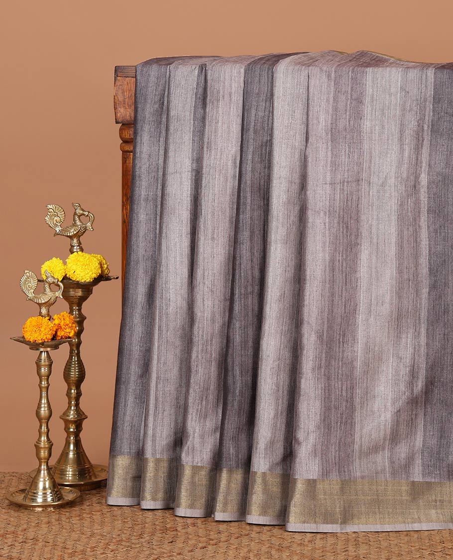 Grey hand-brush-dye theme printed semi-tusser silksaree,bavanji zari border,Madhubani printed pallu & floral print blouse