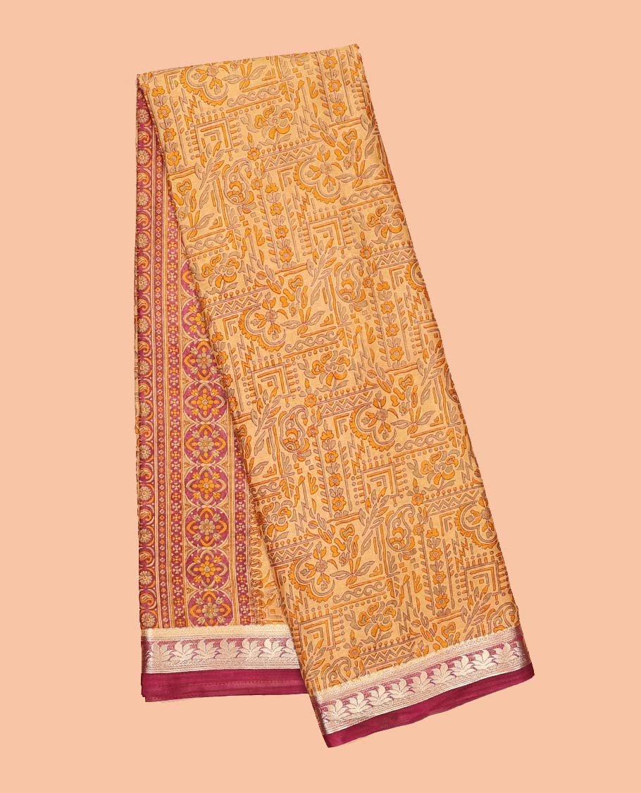 Orange intricately printed semi-banaras printed saree, contrast floral border & intricate pallu