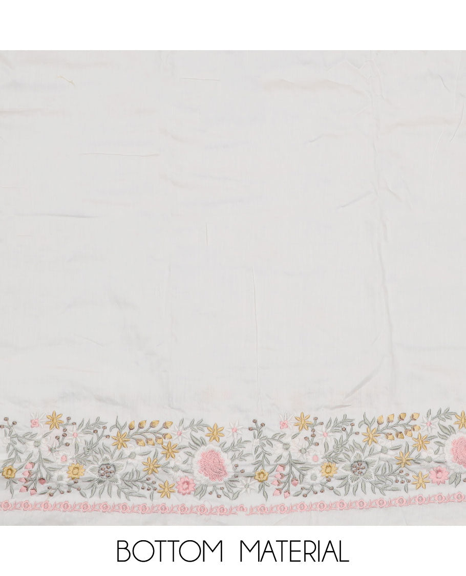 White material chudidar set, pastel colour thread embroidered top, plain bottom and thread embroidered dupatta