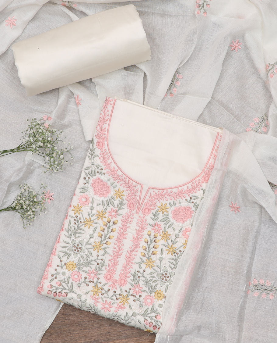 White material chudidar set, pastel colour thread embroidered top, plain bottom and thread embroidered dupatta