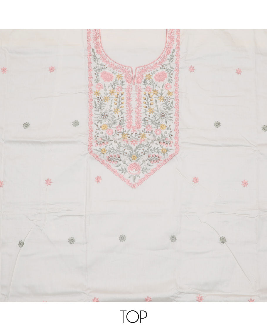 White material chudidar set, pastel colour thread embroidered top, plain bottom and thread embroidered dupatta