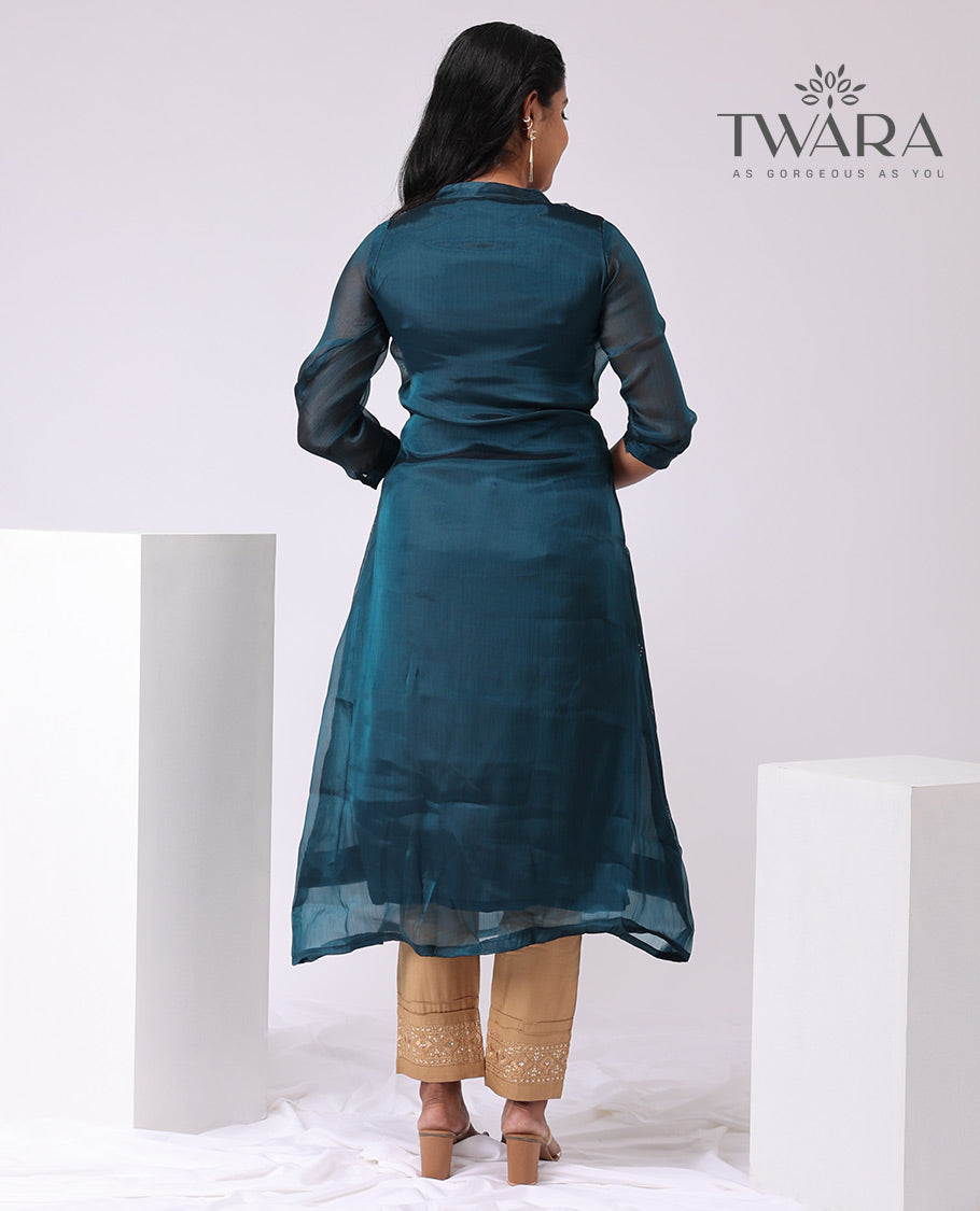 Twara blue geometric embroidered round neck 3/4 th sleeve bleow knee lenght with over coat