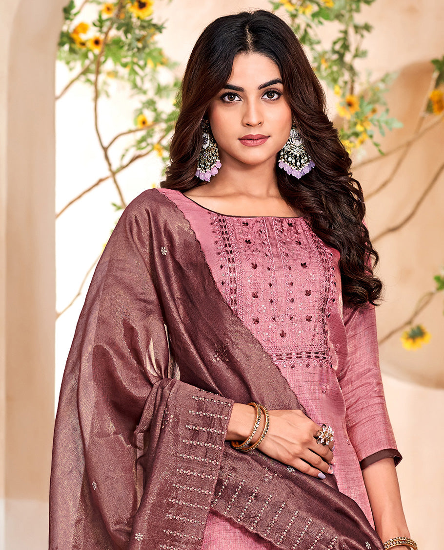 Pink churidar material set, thread with sequins floral theme embroidered top, contrast bottom, and thread with sequins embroidered scallop dupatta