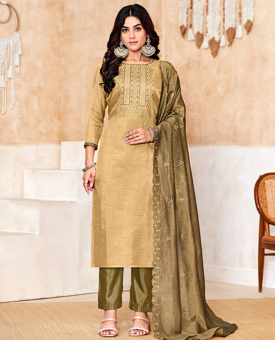 Sandal churidar material set, thread with sequins embroidered top, contrast bottom, and embroidered scallop dupatta