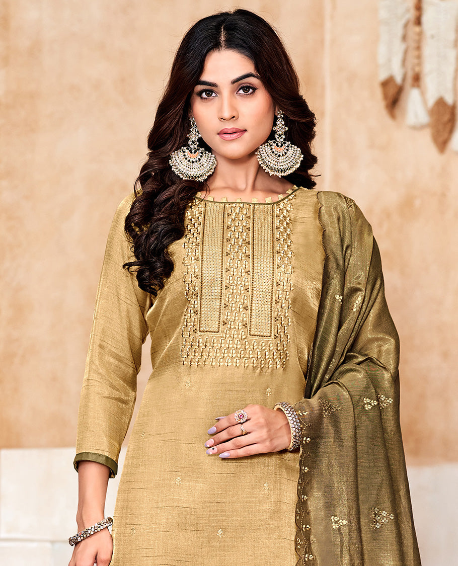 Sandal churidar material set, thread with sequins embroidered top, contrast bottom, and embroidered scallop dupatta