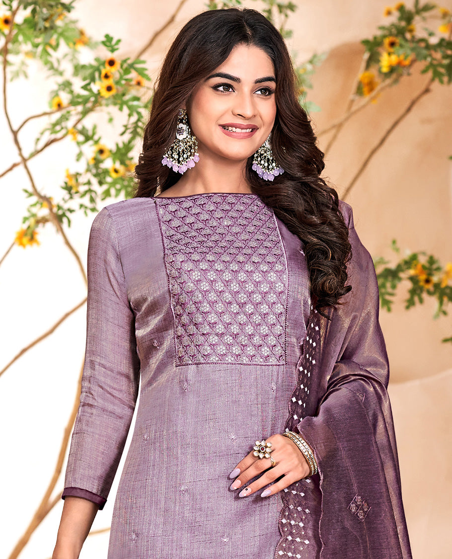 Lavender churidar material set, thread with sequins floral embroidered top, contrast bottom, and embroidered scallop dupatta