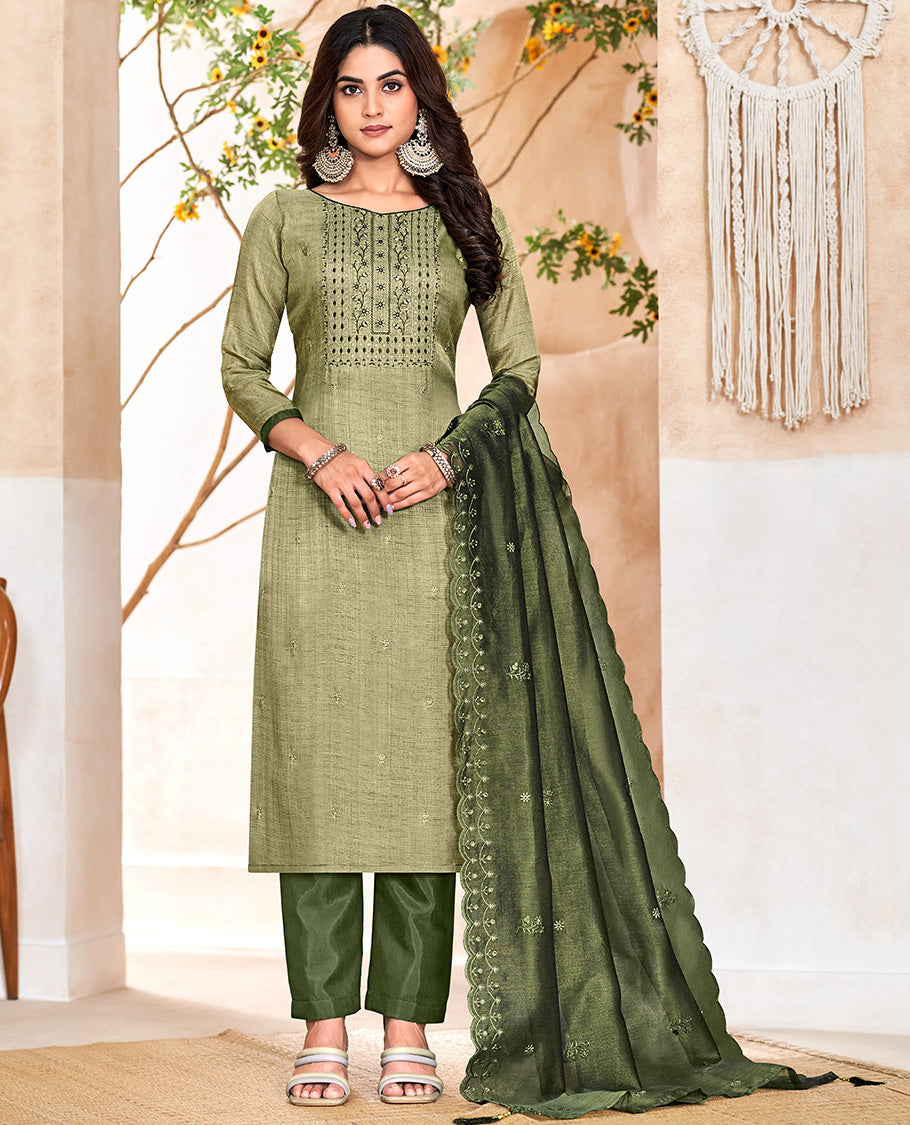 Green churidar material set, thread with sequins floral embroidered top, contrast bottom, and floral embroidered scallop dupatta