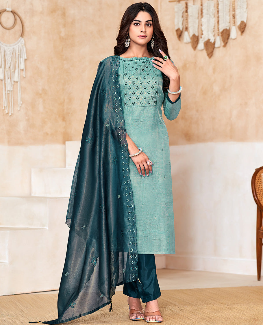 Blue churidar material set, thread with sequins floral embroidered top, contrast bottom, and sequins embroidered scallop dupatta