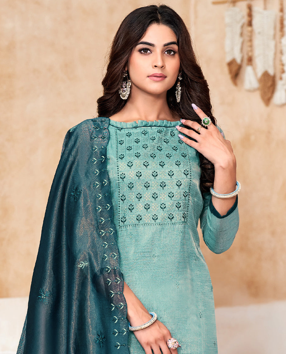 Blue churidar material set, thread with sequins floral embroidered top, contrast bottom, and sequins embroidered scallop dupatta