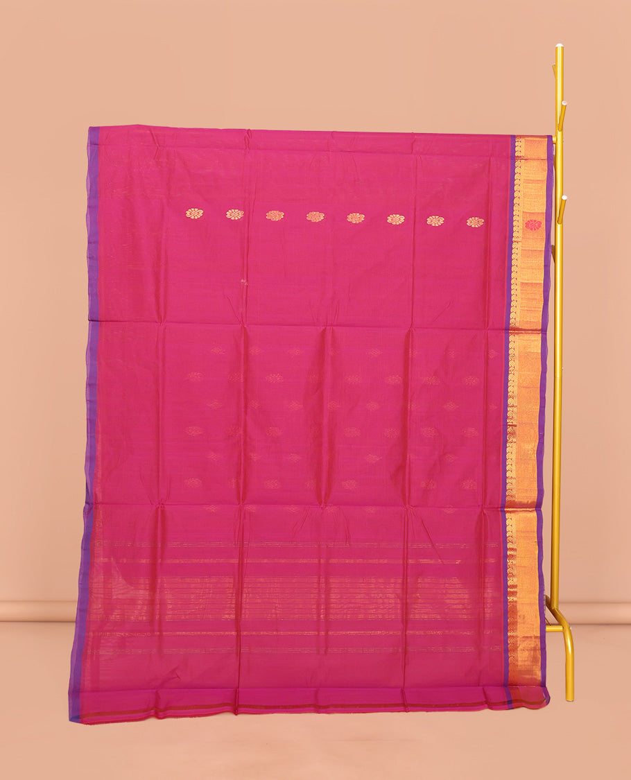 Pink Venkatagiri Cotton Saree Features Buttas, a Contrast Zari-Thread Border, Pallu of Stripes, and No Blouse