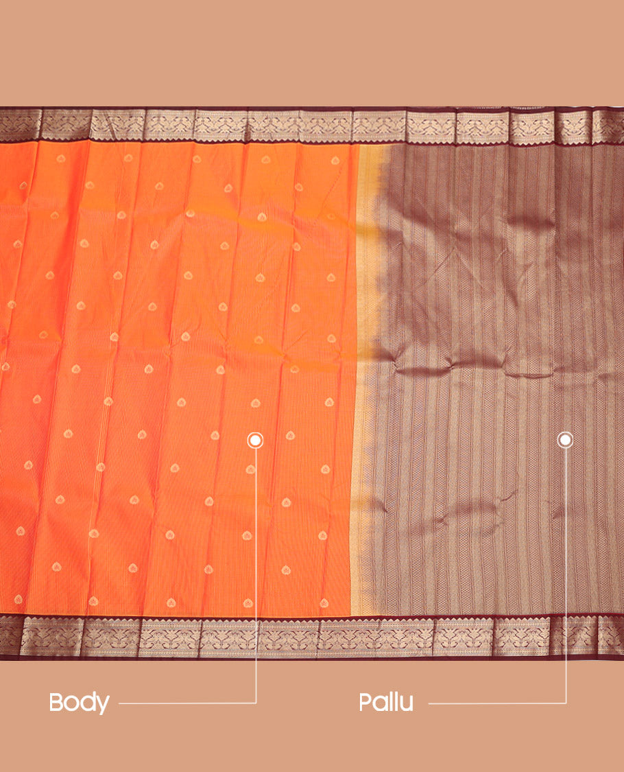Orange Budget Silk Saree, Sparsely Sparkled with Zari Buttas and Stripes, Complemented by a Contrast Traditional Zari Border, Grand Pallu, and a Contrast Blouse
