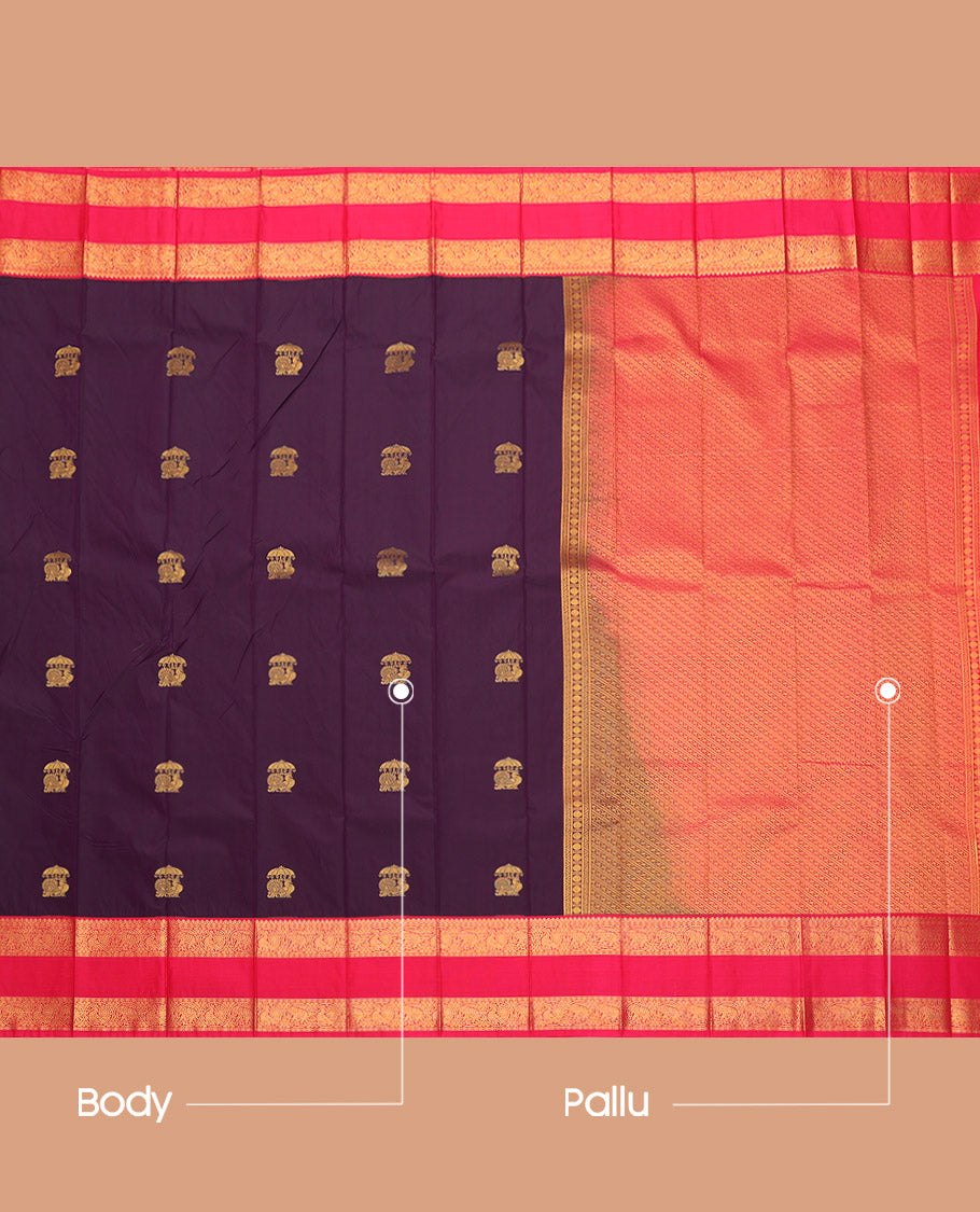 Purple Budget Silk Saree, Delicately Woven with Zari Buttas, Complemented by a Contrast Traditional Zari Rettai Pettu Border, Grand Pallu, and Contrast Blouse